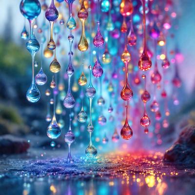The primary subject of the image is a series of colorful, rainbow-colored droplets hanging from a chain. The setting is a dark, moody environment, possibly a cave or an underground space. The visual style is a combination of photo and digital art, creating a surreal and dreamy atmosphere. The colors and mood are predominantly dark and mysterious, with the vibrant colors of the droplets providing a contrasting and eye-catching element.